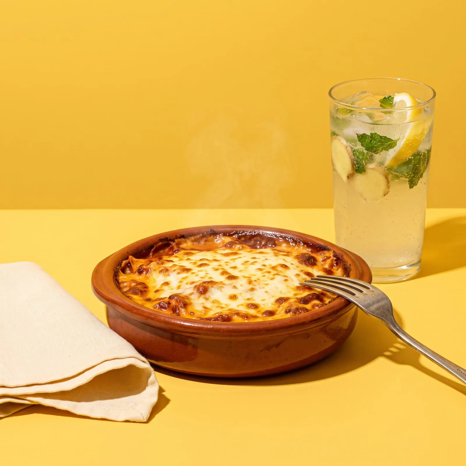 Lasagna recién servida en cazuela de greda, con tenedor, servilleta y una limonada, sobre fondo amarillo