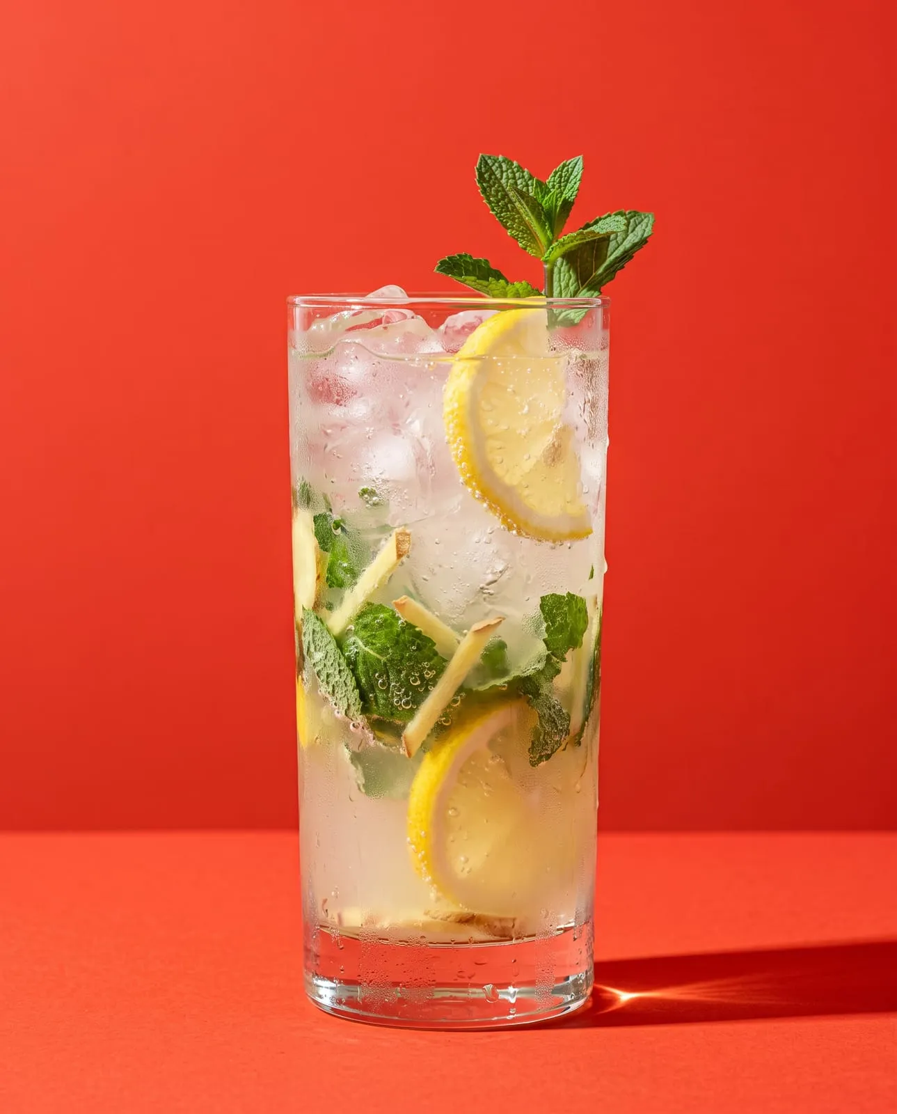 Limonada con menta, jengibre y hielo en un vaso alto, sobre fondo rojo