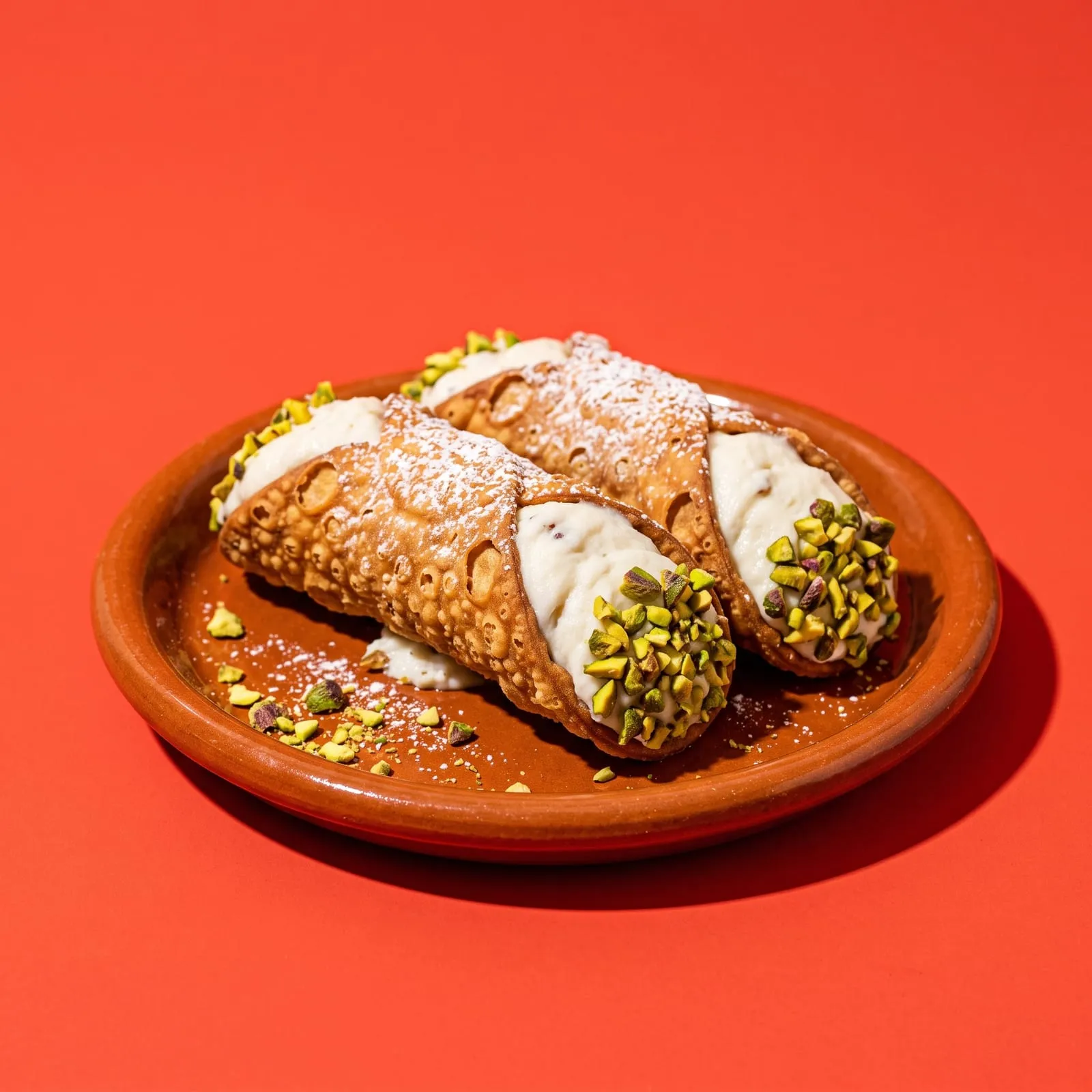 Dos cannoli sicilianos rellenos de crema de ricotta con pistacho, en plato de greda, sobre fondo rojo