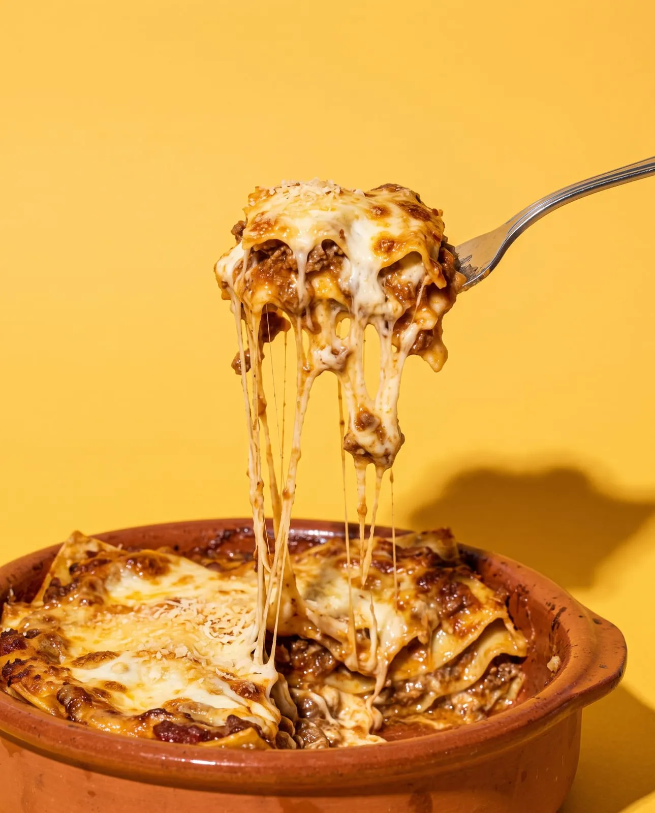 Tenedor levantando un bocado de lasagna al ragù, con el queso fundido estirándose, sobre fondo amarillo