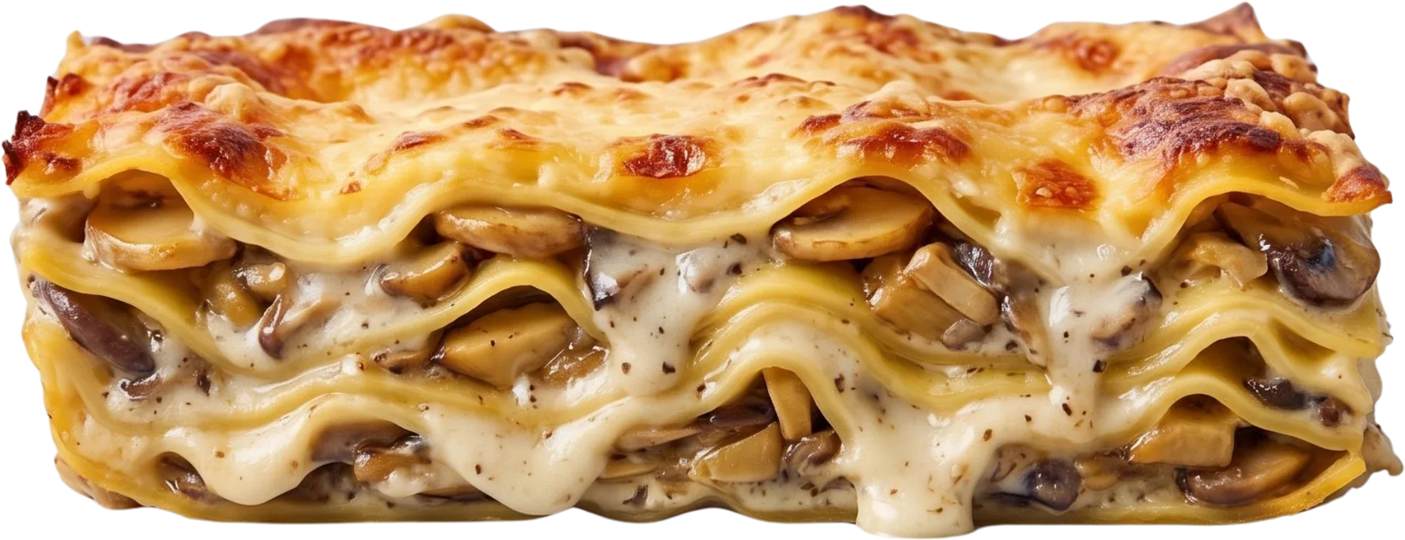 Porción de lasagna de champiñones con besciamella y queso gratinado