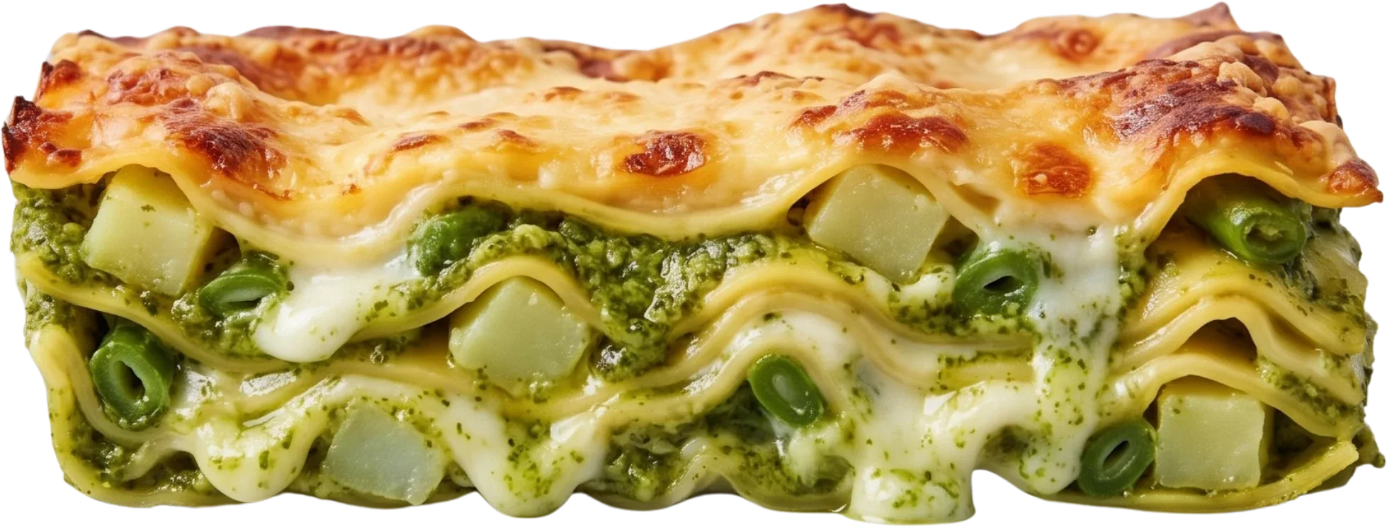 Porción de lasagna al pesto con papas, porotos verdes y queso gratinado