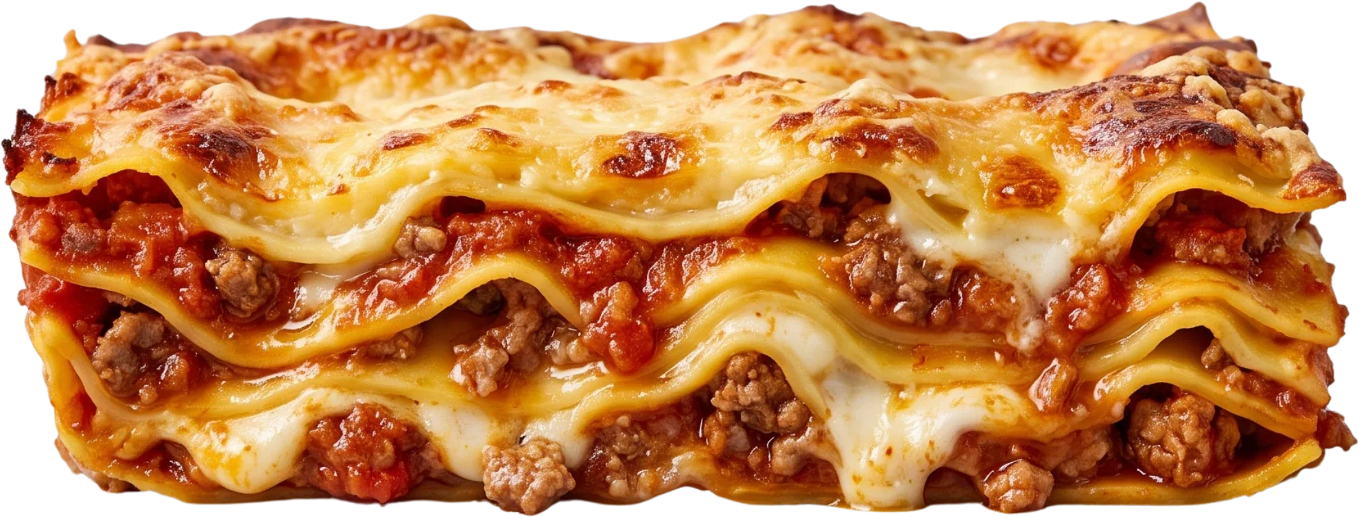 Porción de lasagna al ragù, con capas de pasta, salsa y queso gratinado