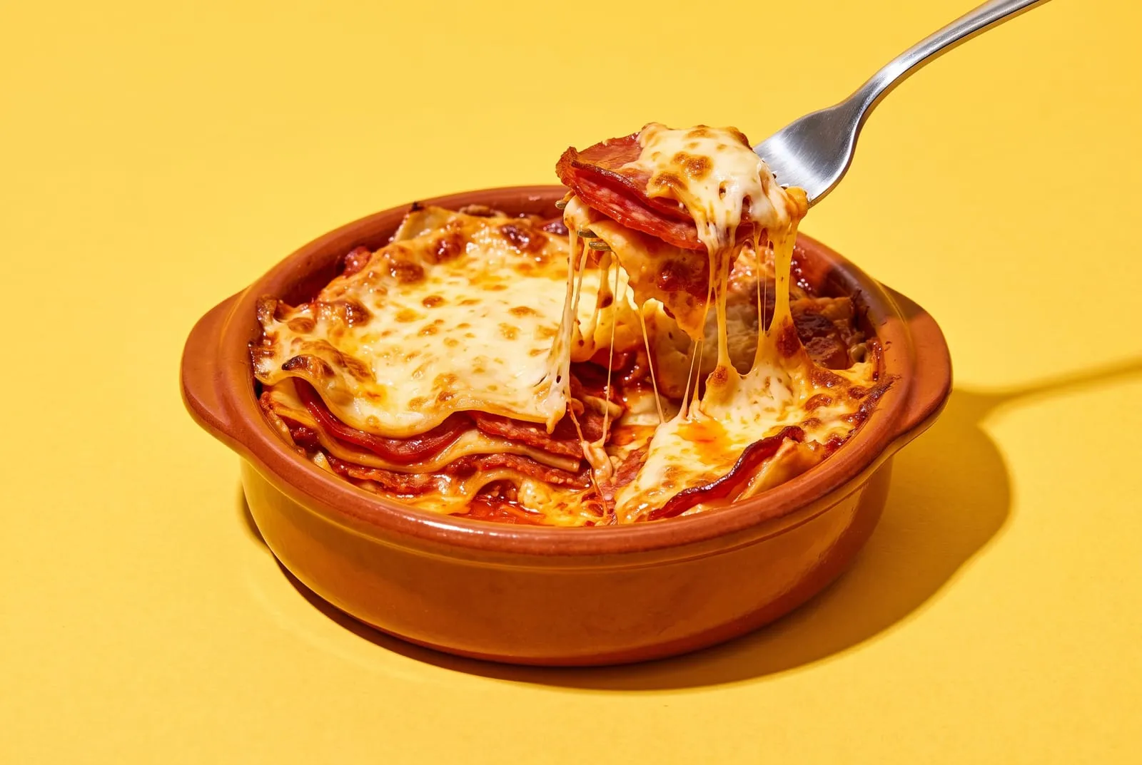 Lasagna diavola con láminas de salame picante en cazuela de greda, un tenedor levantando un bocado, sobre fondo amarillo