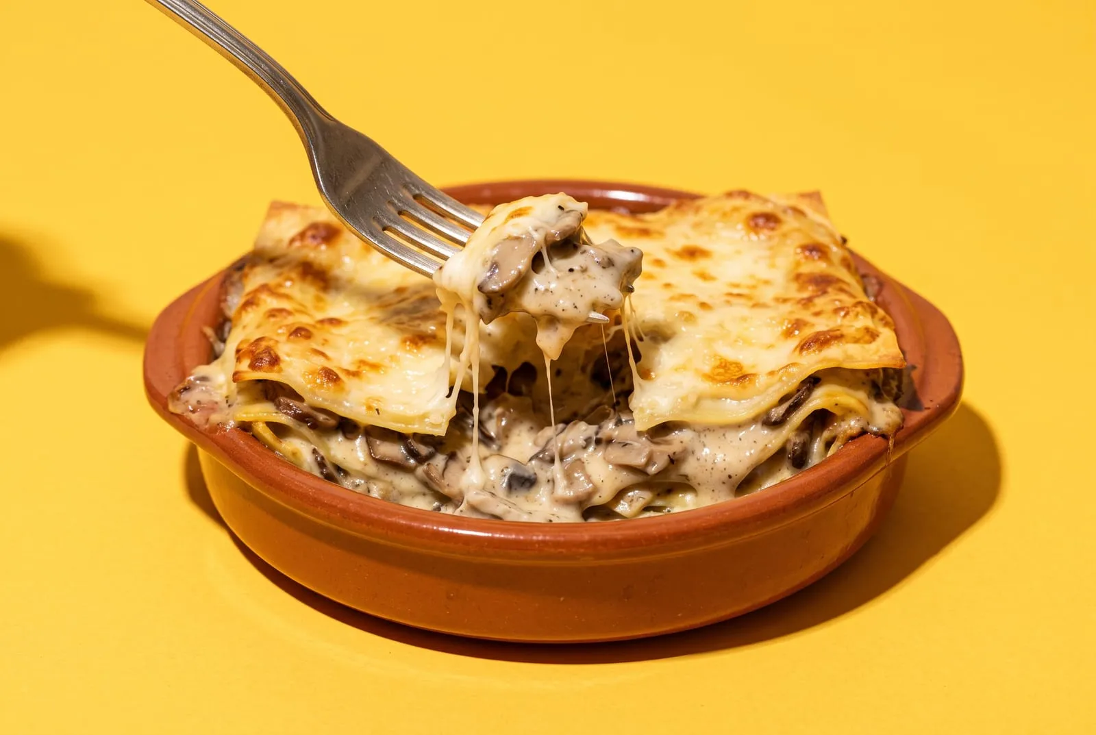 Lasagna de champiñones y callampas con besciamella en cazuela de greda, sobre fondo amarillo