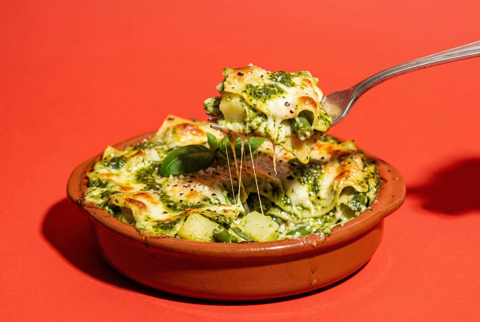 Lasagna genovese con pesto de albahaca en cazuela de greda, un tenedor levantando un bocado, sobre fondo rojo