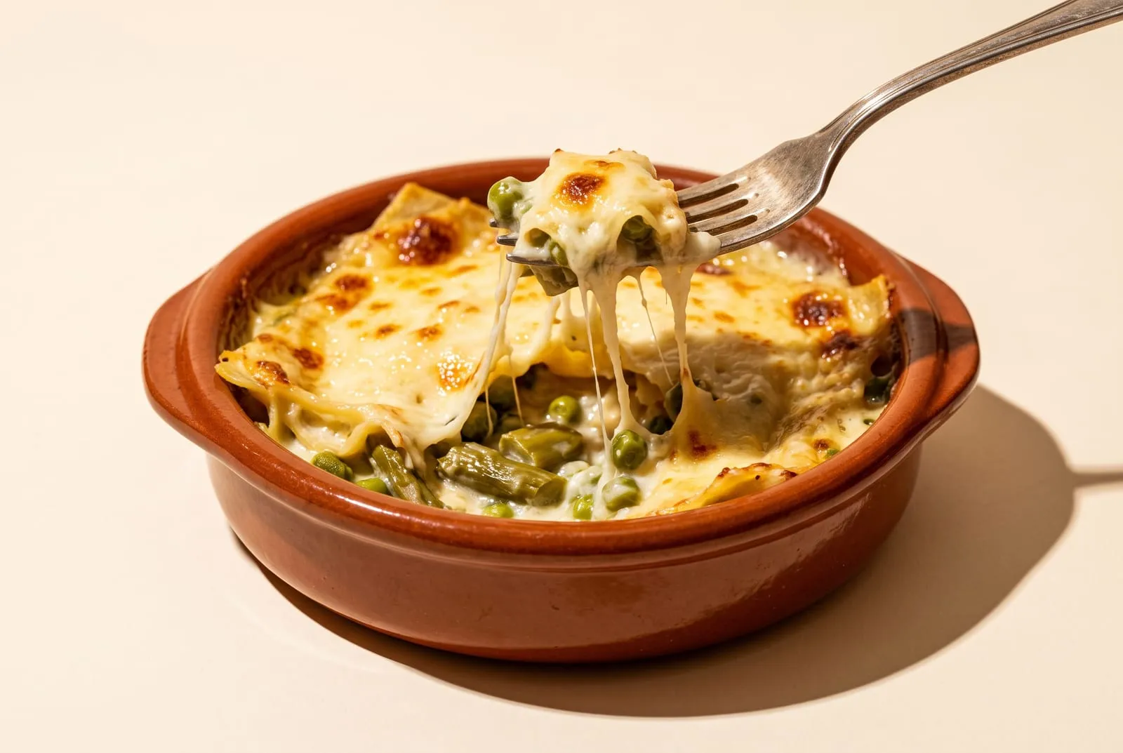 Lasagna primavera con arvejas y espárragos en besciamella, en cazuela de greda, un tenedor levantando un bocado, sobre fondo crema