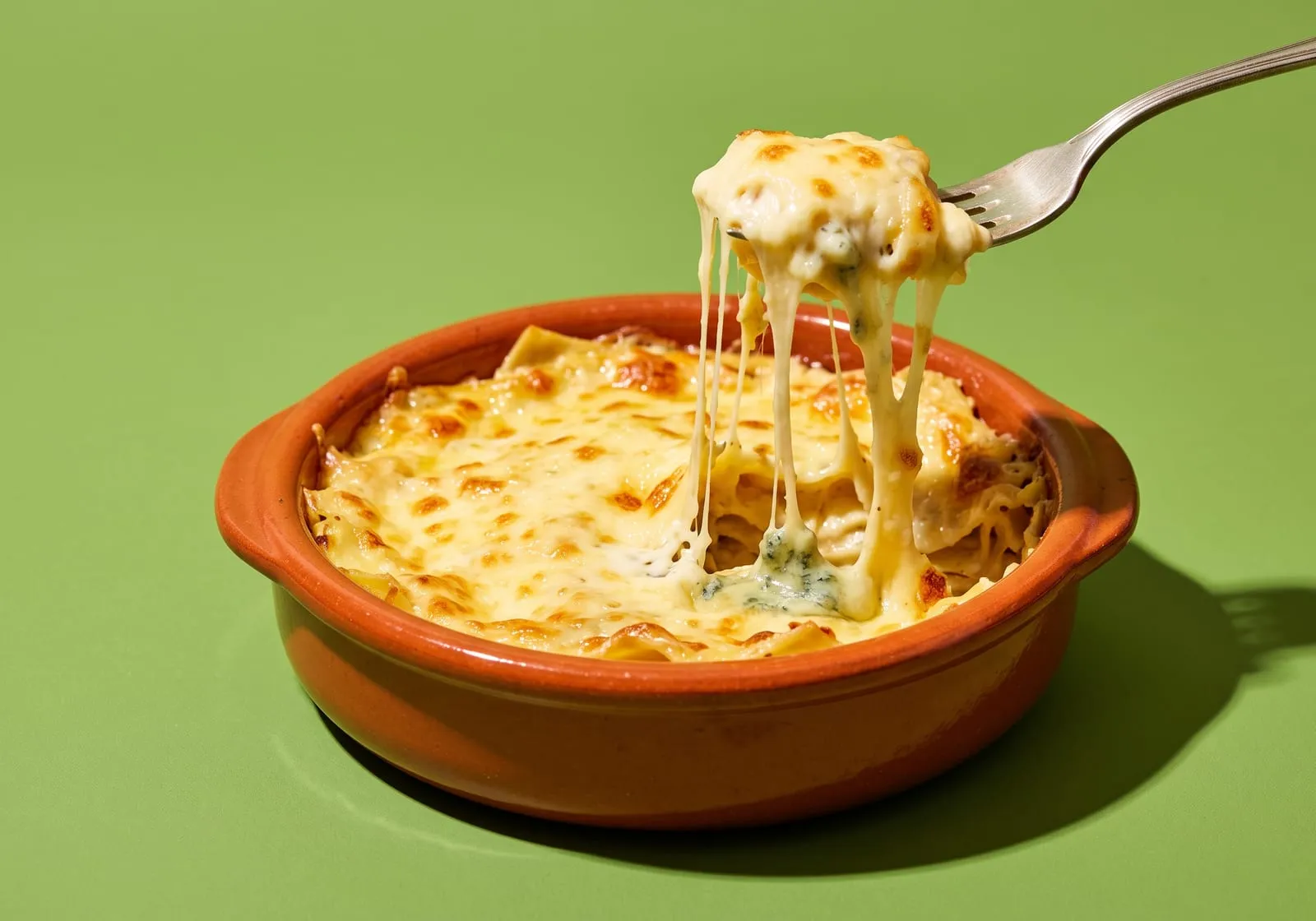 Lasagna quattro formaggi en cazuela de greda, con queso fundido estirándose del tenedor, sobre fondo verde