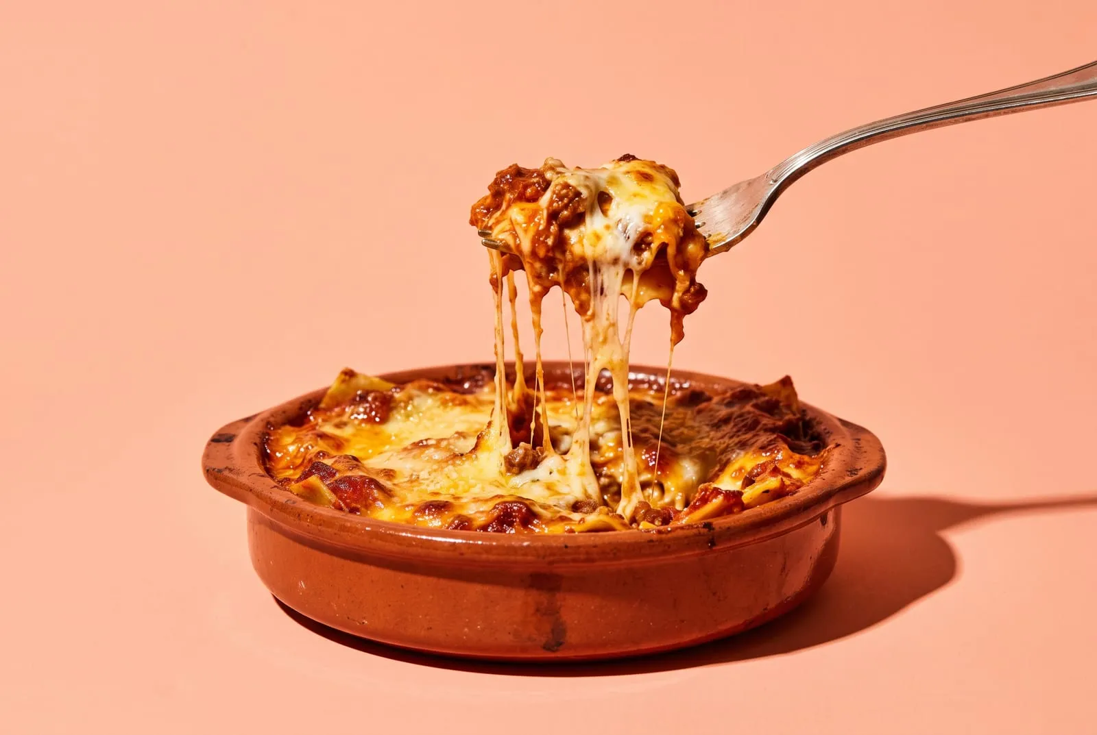 Lasagna al ragù en cazuela de greda, con un tenedor levantando un bocado con queso fundido, sobre fondo durazno