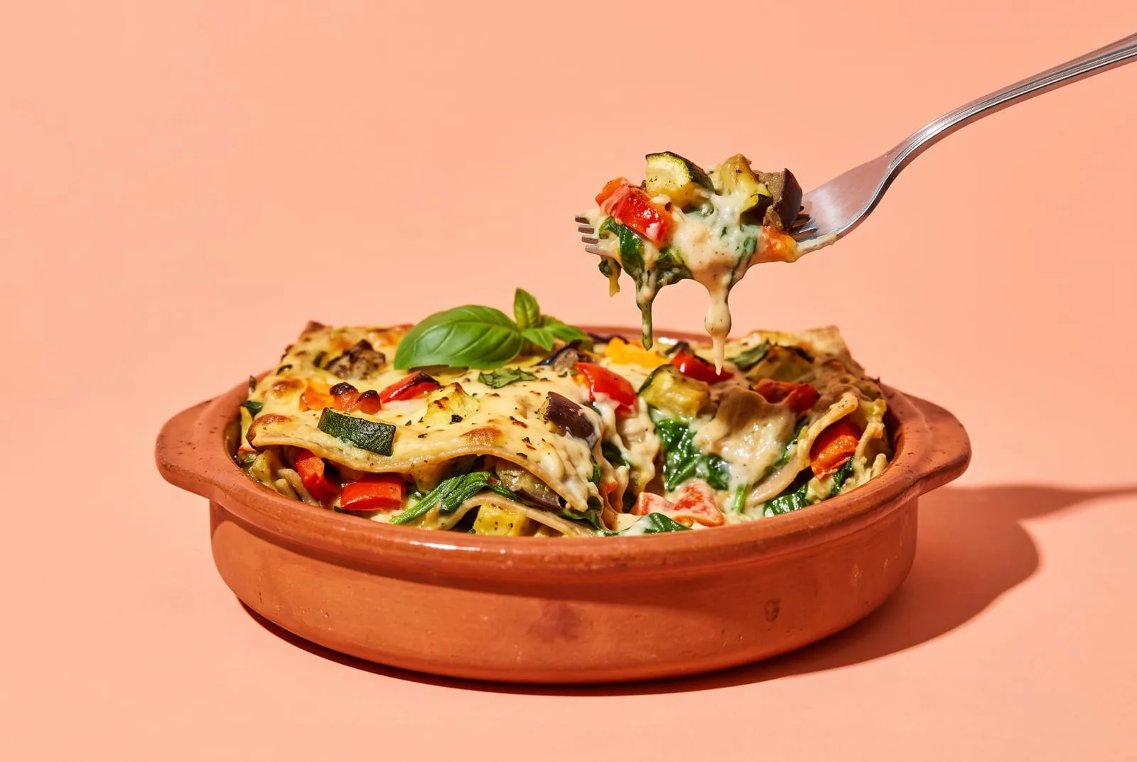 Lasagna vegana de verduras asadas y espinaca en cazuela de greda, sobre fondo durazno