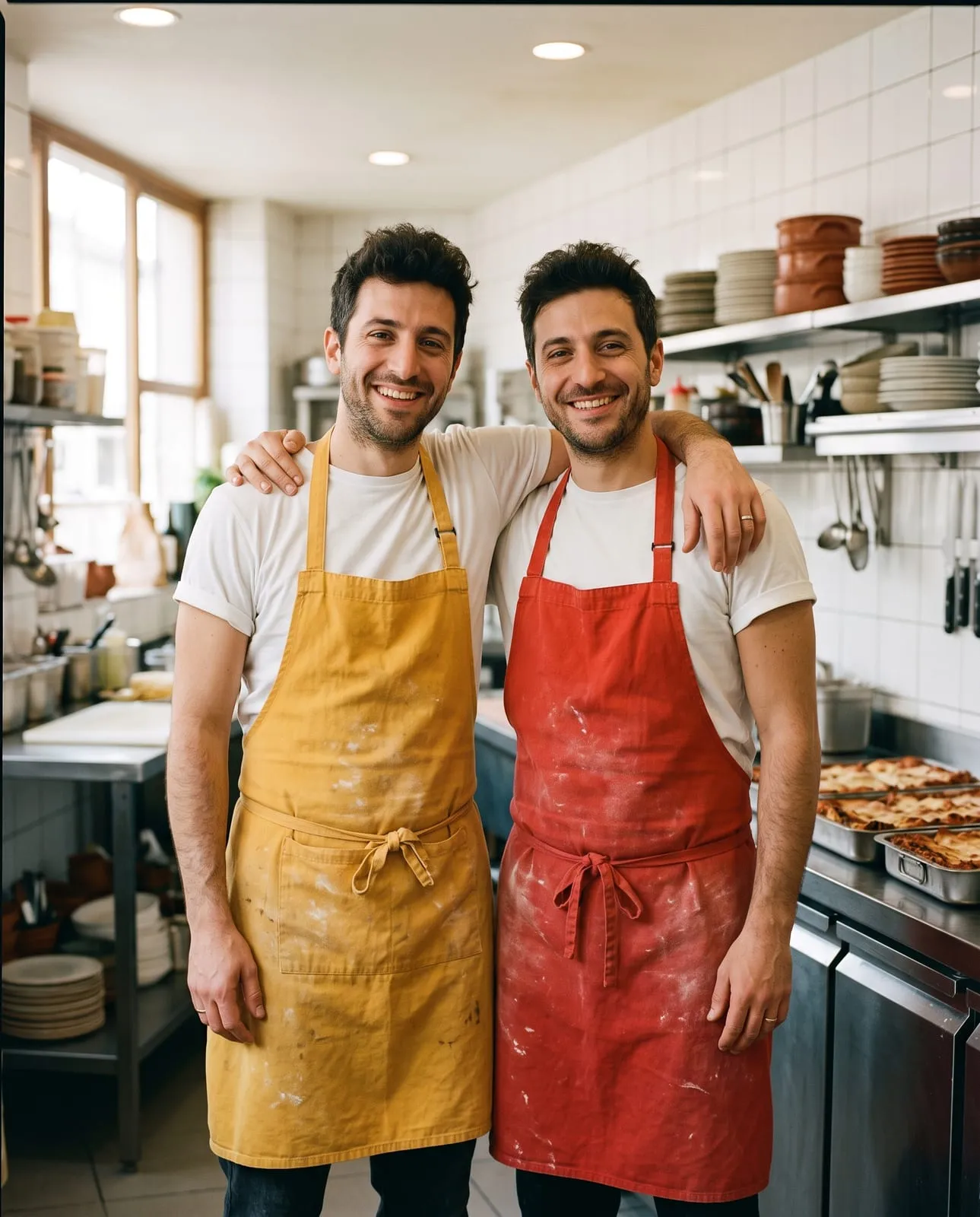 Los dos amigos que fundaron Lasagneria, abrazados en la cocina con delantales amarillo y rojo, mirando a la cámara
